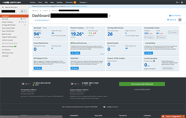 project dashboard in sem rush