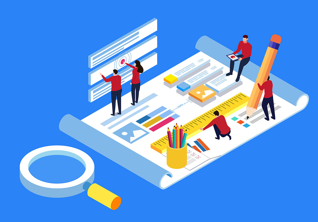 Graphic showing people discussing and building business plan